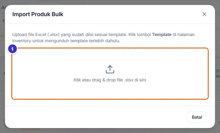 Jendela Import Produk Bulk dengan area unggah file xlsx