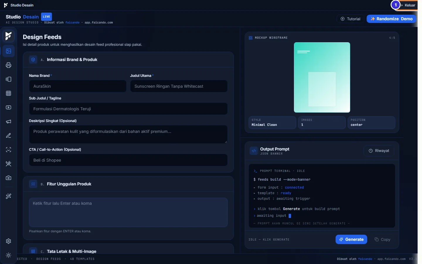 Tampilan Studio Desain mode Design Feeds