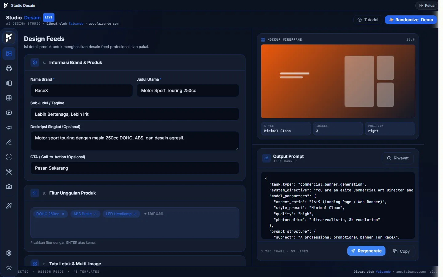 Formulir Design Feeds terisi data demo