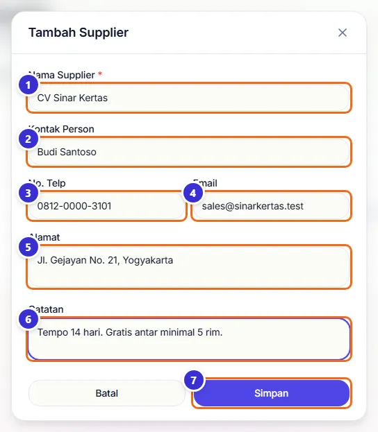 Formulir Tambah Supplier untuk CV Sinar Kertas