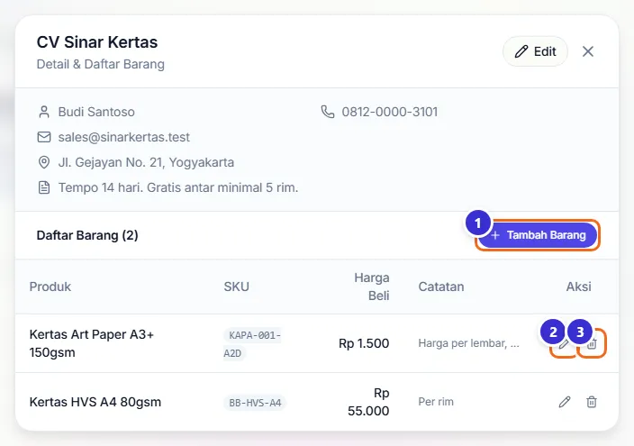 Detail CV Sinar Kertas dengan daftar barang Kertas Art Paper dan Kertas HVS A4