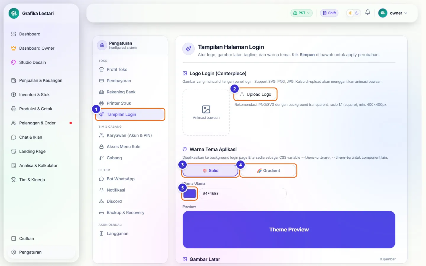 Halaman Tampilan Halaman Login dengan pengaturan logo dan warna tema