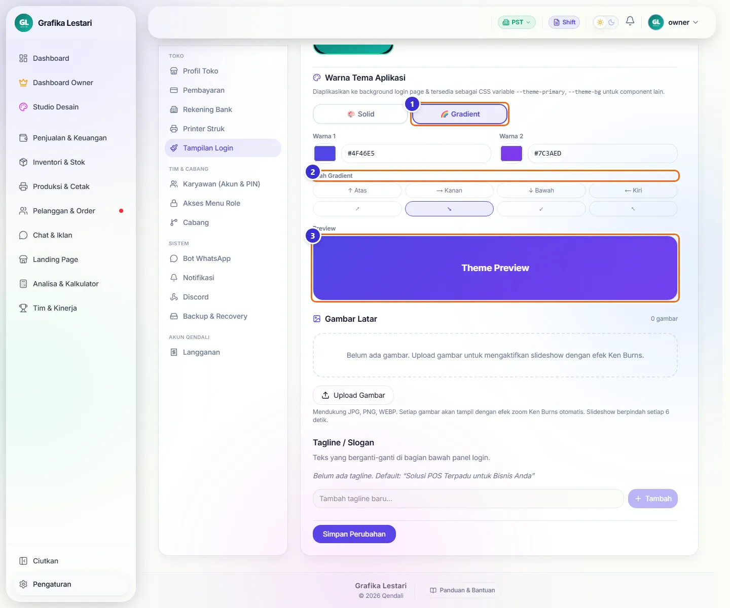 Pilihan Gradient dengan dua warna, arah gradasi, dan Theme Preview