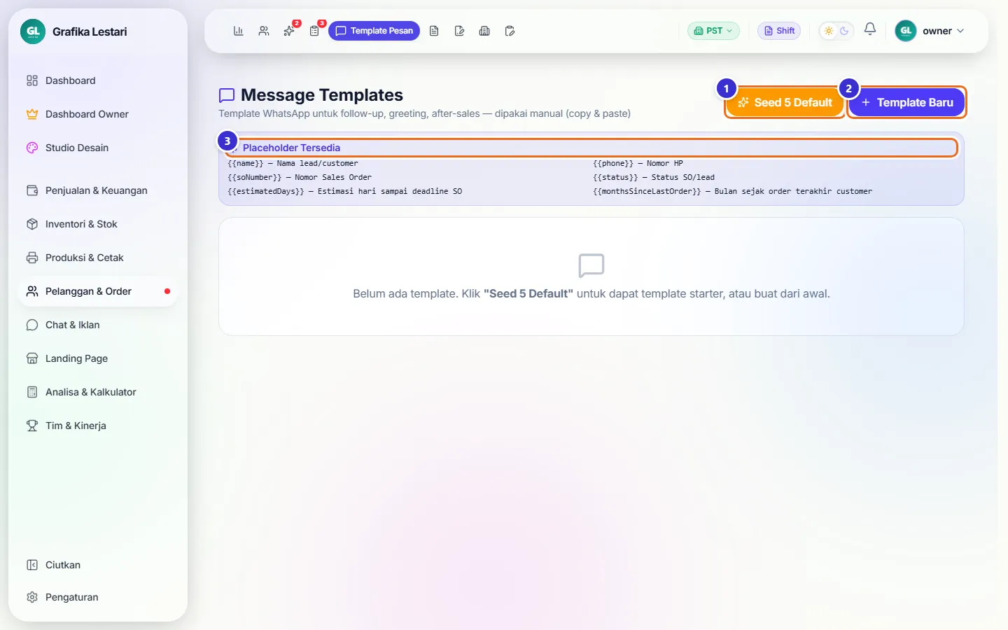 Halaman Message Templates masih kosong dengan tombol Seed 5 Default