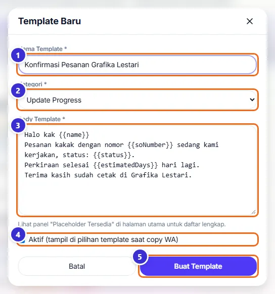 Form Template Baru berisi nama, kategori, dan isi template