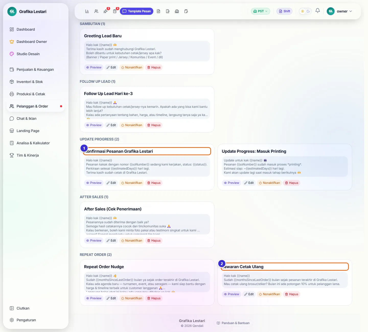 Daftar template dengan dua template buatan sendiri
