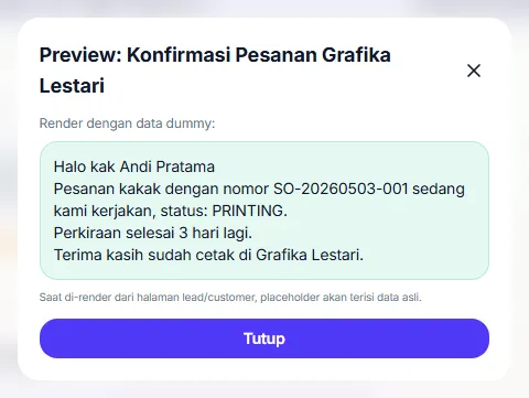 Jendela pratinjau template dengan data contoh