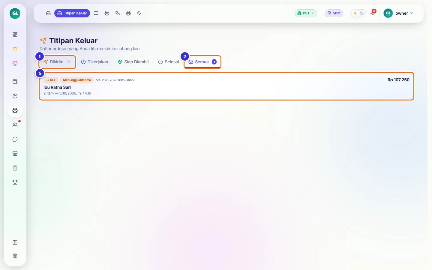 Daftar Titipan Keluar dengan status Menunggu diterima