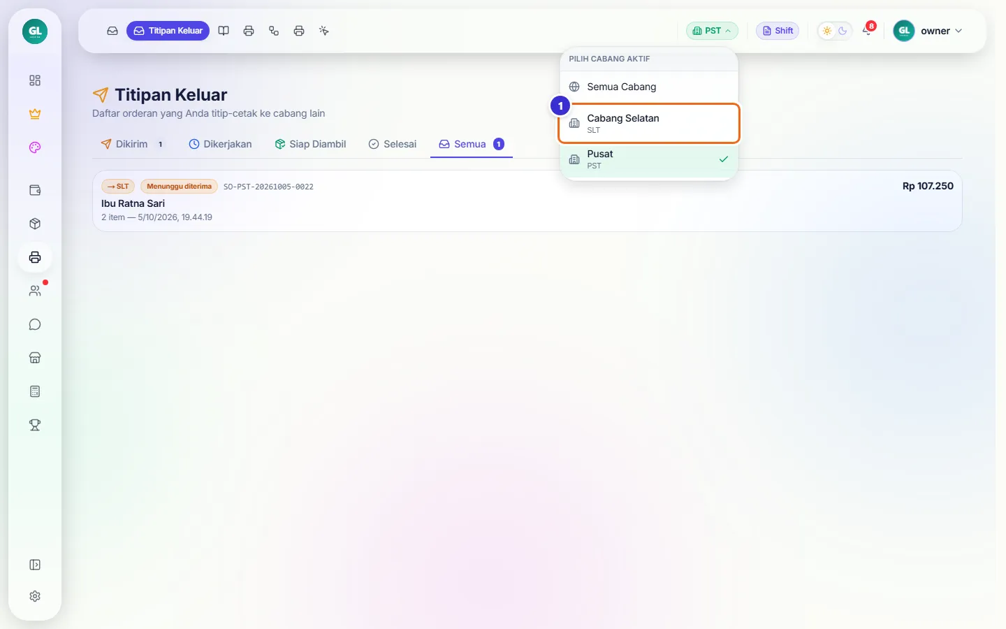 Menu pemilih cabang di kepala aplikasi