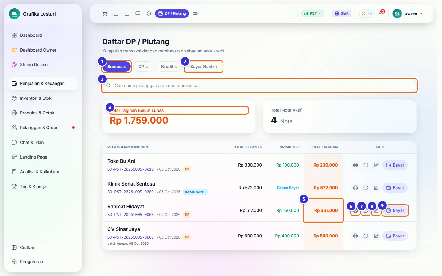 Daftar DP / Piutang dengan tab filter, kolom cari, total tagihan belum lunas, dan tabel nota