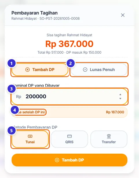 Jendela Pembayaran Tagihan mode Tambah DP berisi 200000 dengan sisa Rp 167.000