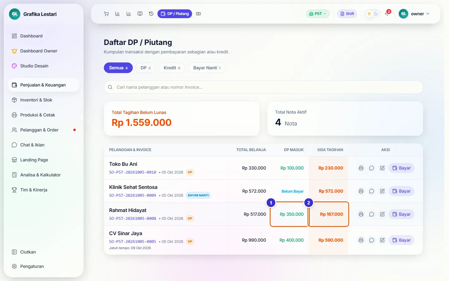Baris Rahmat Hidayat dengan DP Masuk Rp 350.000 dan sisa tagihan Rp 167.000