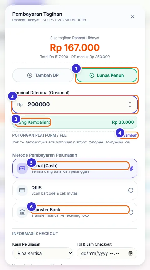 Mode Lunas Penuh dengan nominal diterima 200000, uang kembalian Rp 33.000, dan pilihan metode pelunasan