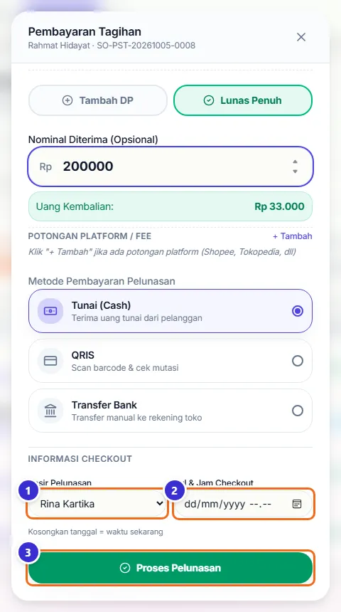 Bagian Informasi Checkout dengan Kasir Pelunasan, Tgl & Jam Checkout, dan tombol Proses Pelunasan