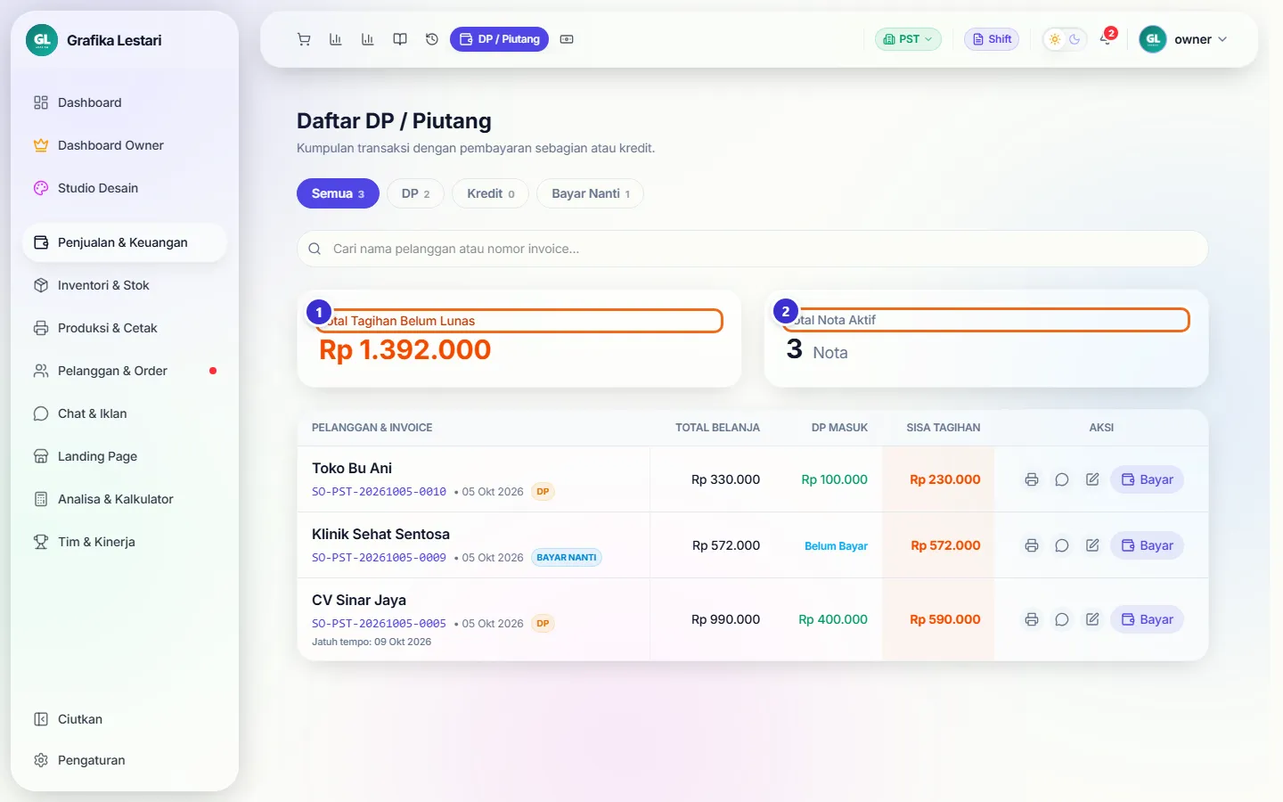 Daftar piutang tanpa nota Rahmat Hidayat dengan total tagihan yang sudah berkurang