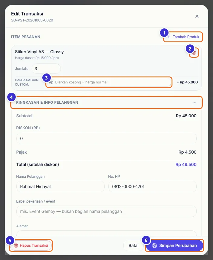 Jendela Edit Transaksi dengan daftar item, ringkasan, tombol Hapus Transaksi dan Simpan Perubahan