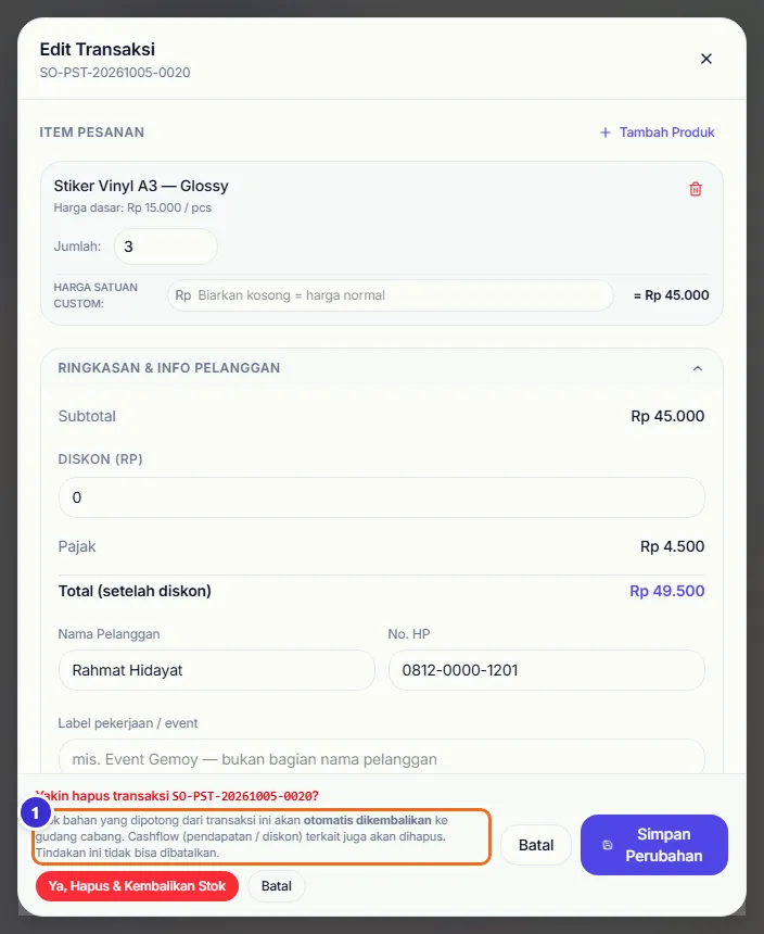 Konfirmasi Yakin hapus transaksi dengan tombol Ya, Hapus & Kembalikan Stok