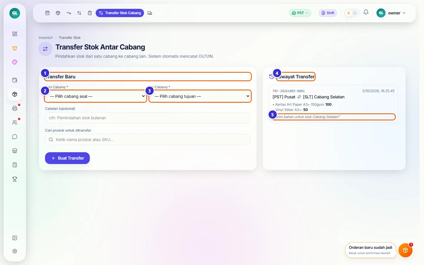 Layar Transfer Stok Antar Cabang dengan formulir Transfer Baru dan Riwayat Transfer