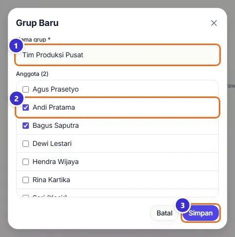 Dialog Grup Baru dengan dua anggota dicentang