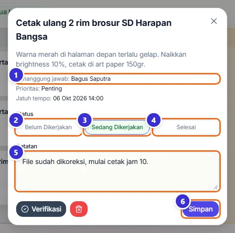 Detail tugas dengan pilihan status dan catatan