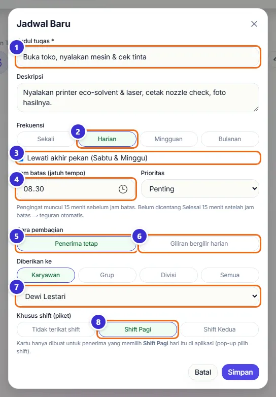 Dialog Jadwal Baru harian untuk Dewi Lestari Shift Pagi