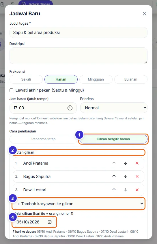 Jadwal giliran Andi, Bagus, Dewi dengan pratinjau 7 hari