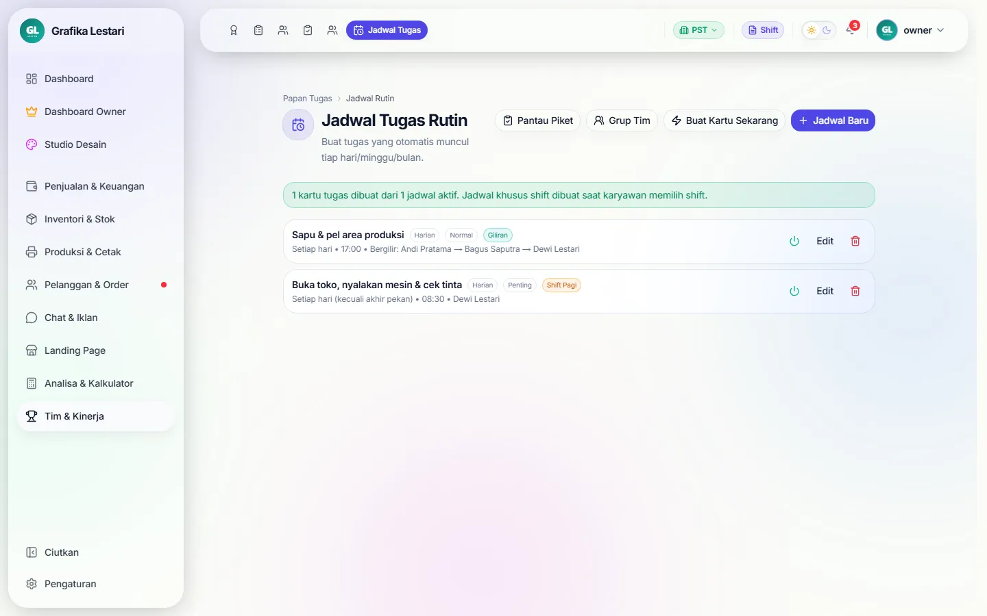 Pesan 1 kartu tugas dibuat dari 1 jadwal aktif