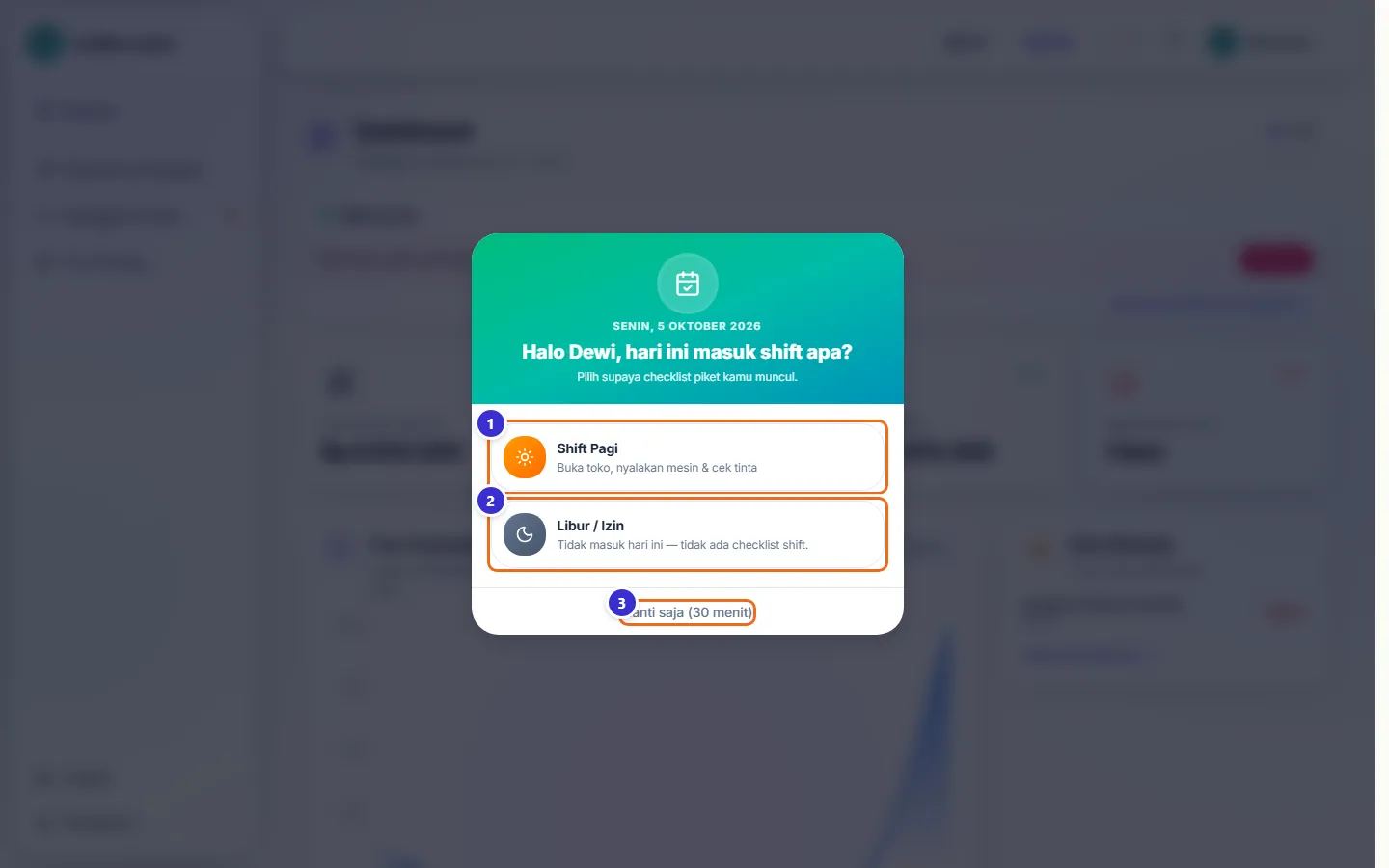 Pop-up Halo Dewi, hari ini masuk shift apa?
