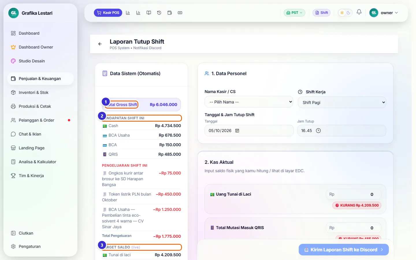 Laporan Tutup Shift dengan kolom Data Sistem di kiri