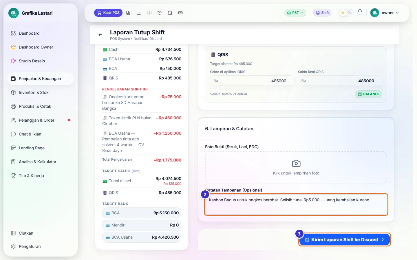 Kartu Lampiran & Catatan dan tombol Kirim Laporan Shift ke Discord