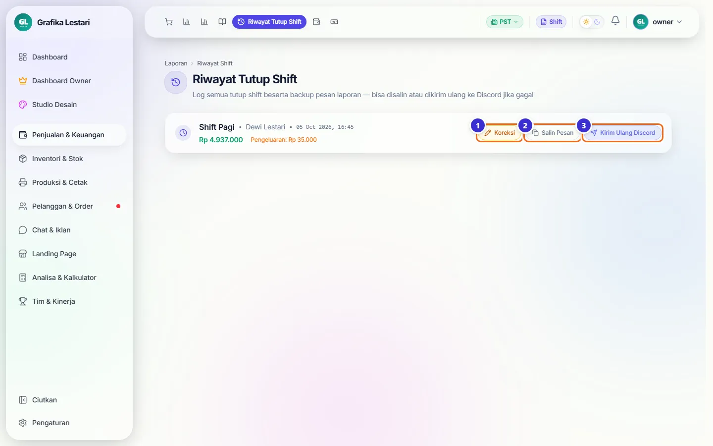 Riwayat Tutup Shift berisi satu laporan Shift Pagi