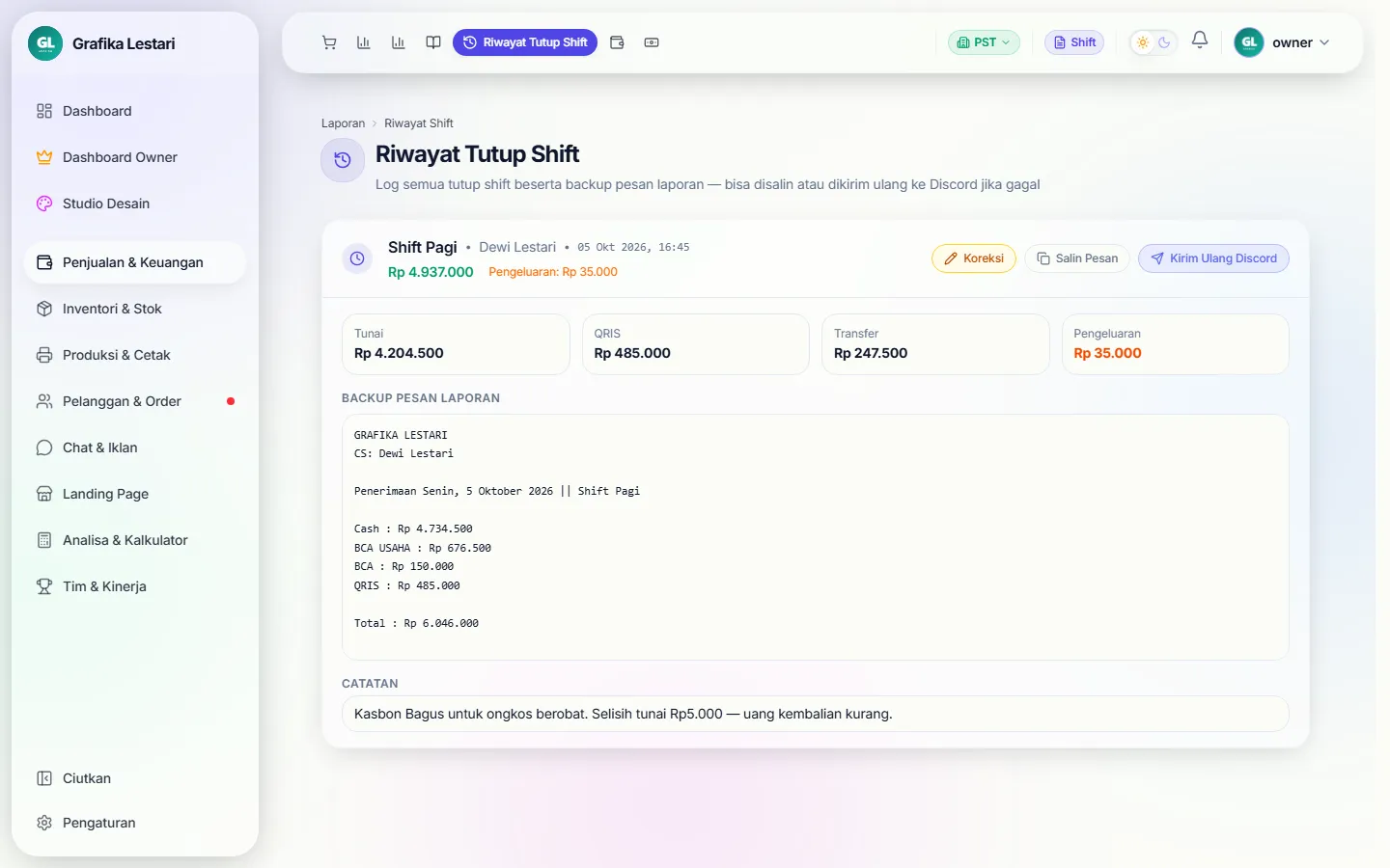 Detail laporan shift dengan backup pesan dan catatan