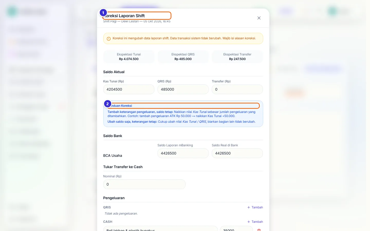 Dialog Koreksi Laporan Shift