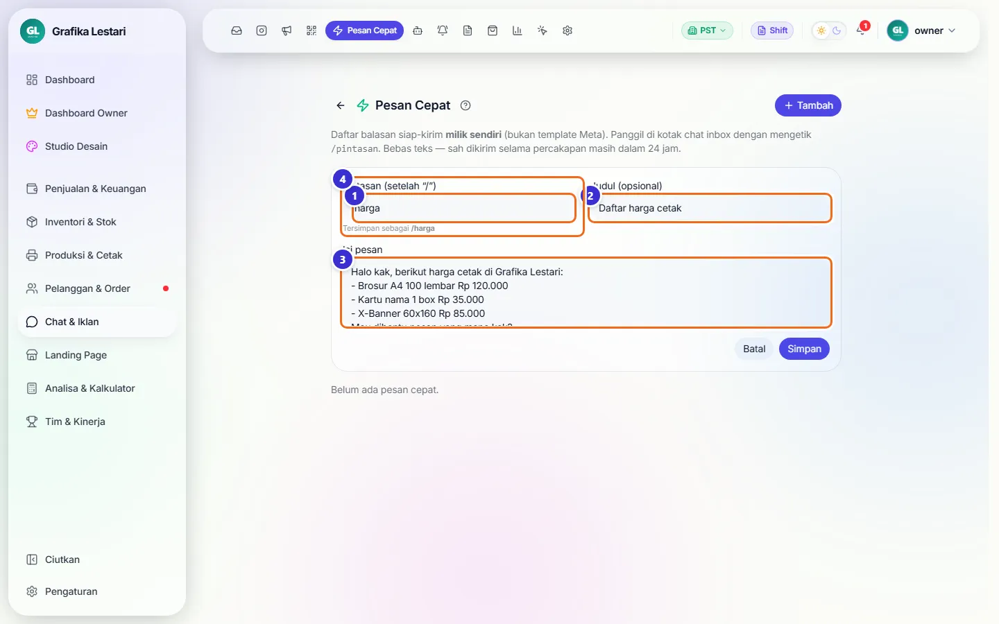 Form Pesan Cepat berisi pintasan, judul, dan isi pesan