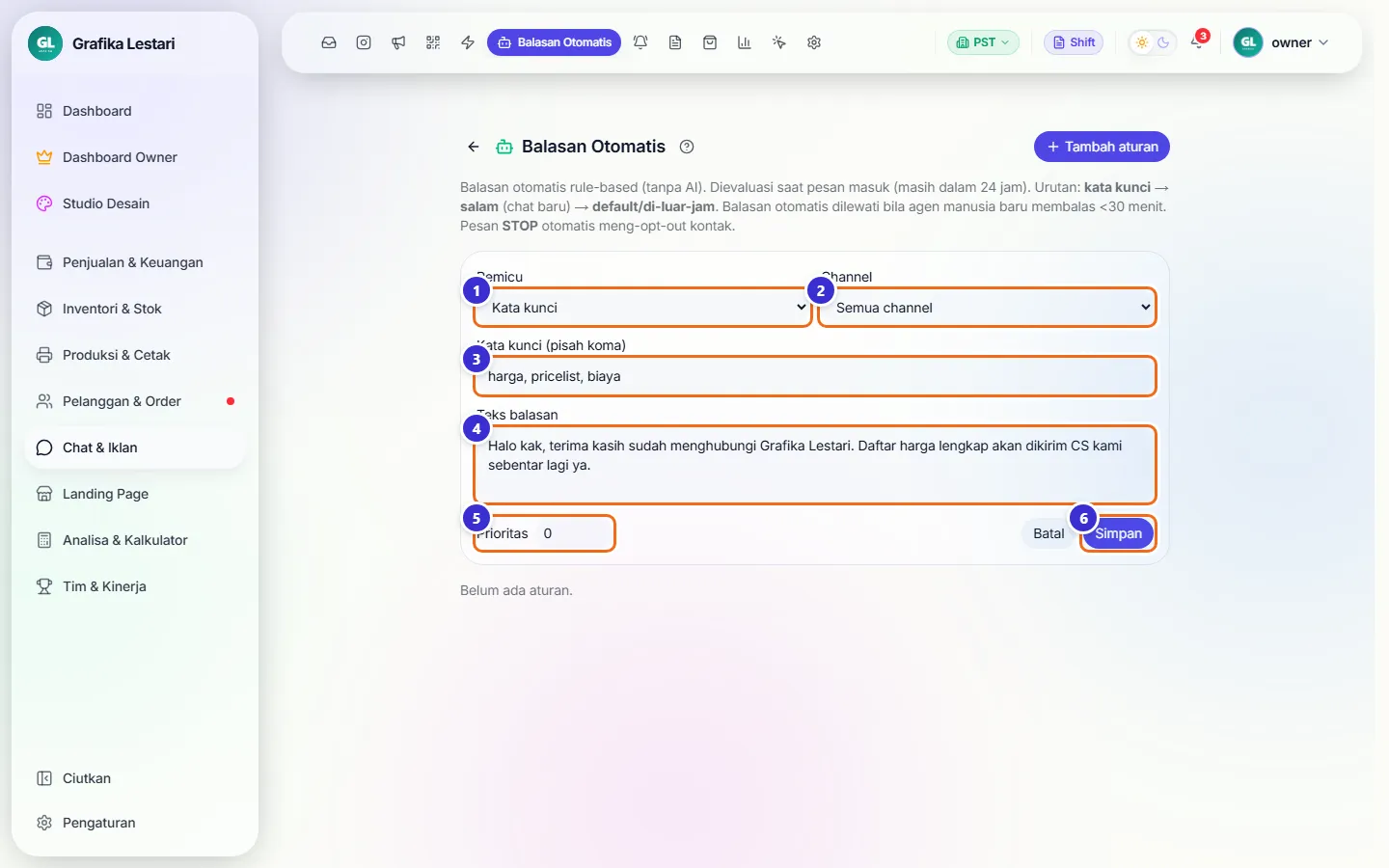 Form aturan balasan otomatis jenis kata kunci
