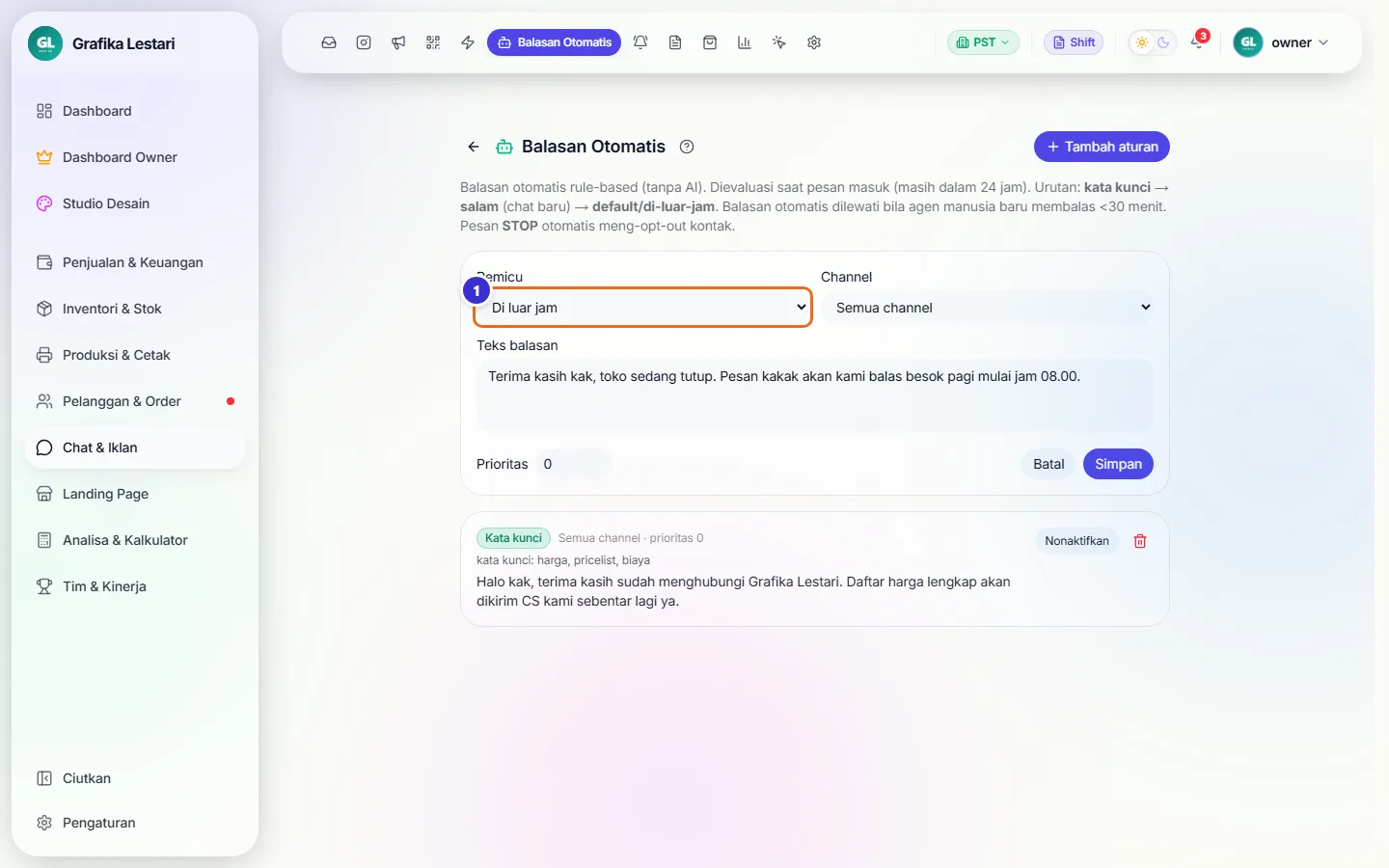 Form aturan dengan pemicu Di luar jam