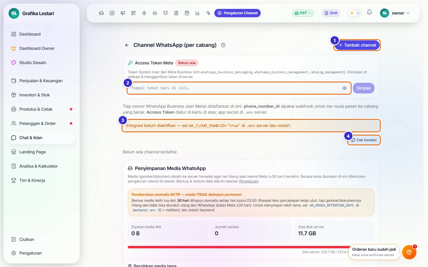 Halaman Channel WhatsApp per cabang dengan kartu Access Token Meta