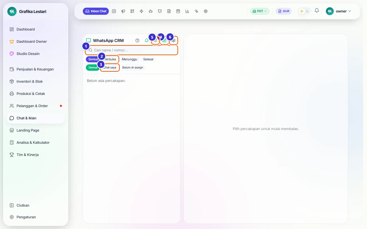 Inbox Chat WhatsApp CRM yang masih kosong