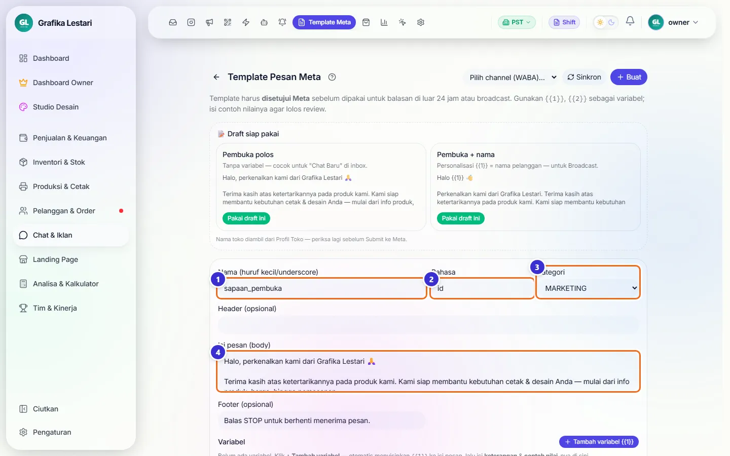 Form template Meta terisi draft pembuka